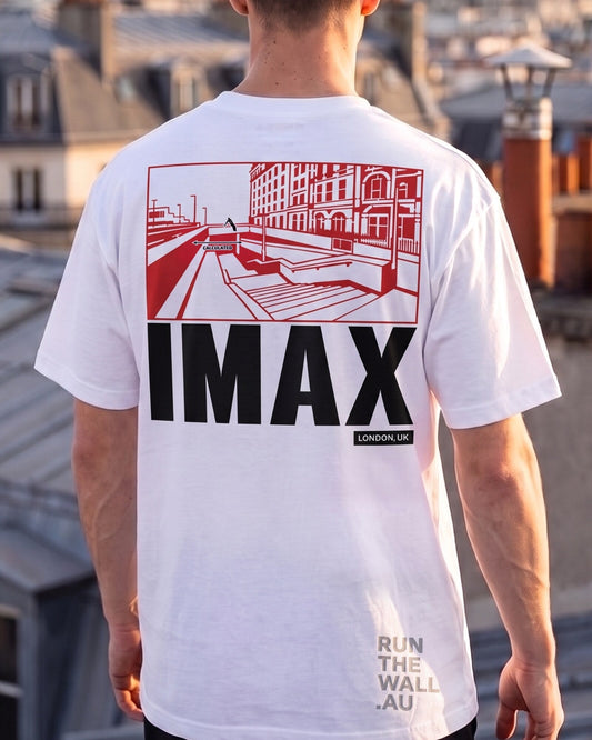 Spot at IMAX Tee, white, print close-up