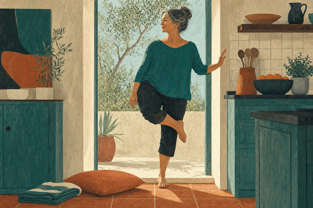 Illustration of a woman in her late 50s standing on one leg in a sunlit kitchen doorway, one hand near the door frame, a cushion and folded towel on the floor beside her