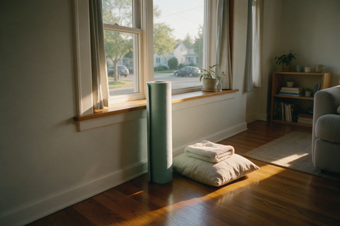 A rolled exercise mat leaning against a wall by a sunlit window, with a cushion and folded towel on the wooden floor
