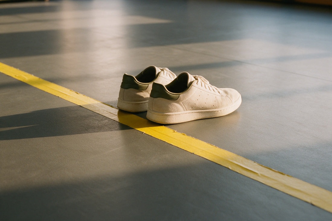 An empty studio floor with a strip of tape across the rubber and a pair of trainers waiting at the line in late afternoon light