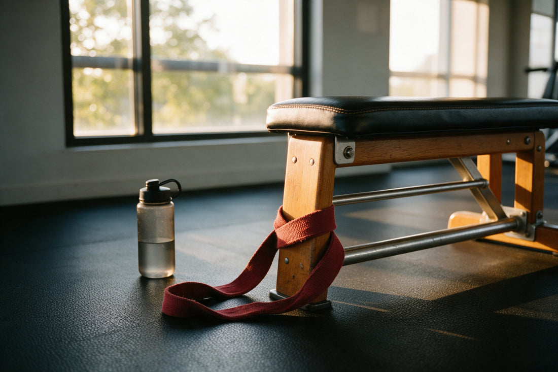 A long resistance band looped around the leg of a wooden bench, lying slack on a rubber gym floor in afternoon light