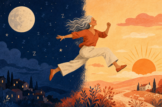 Illustration of a woman in her 50s leaping from a starry night sky into a warm sunrise