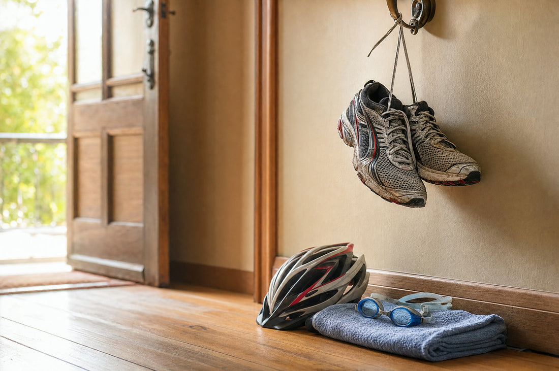 A pair of well-worn running shoes hung by their laces on a hallway hook, with a bike helmet, swimming goggles and a folded towel ready by the door