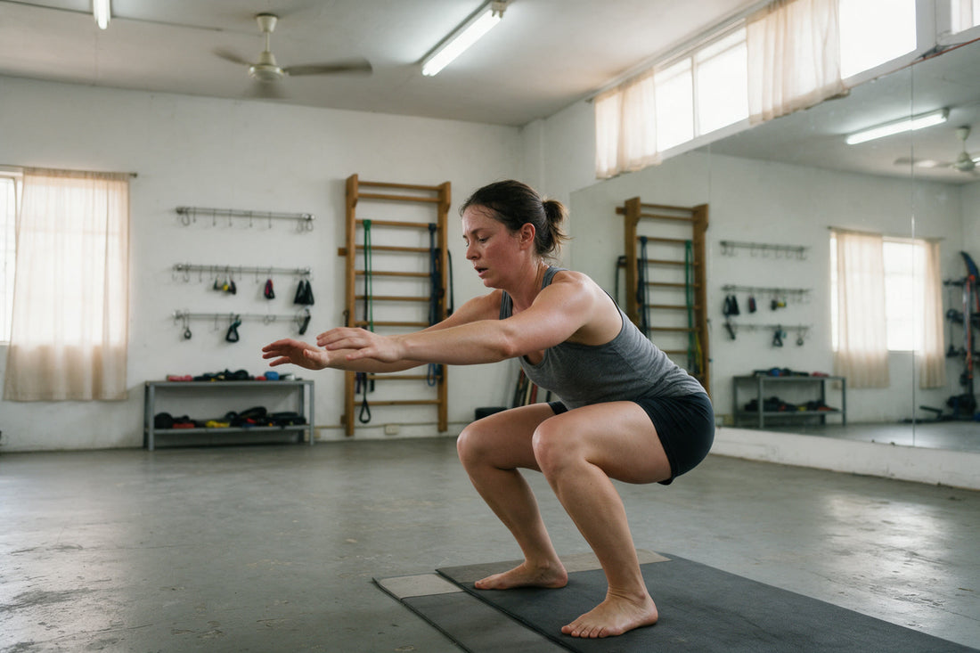 A woman holding the bottom of a bodyweight squat on a mat in a plain gym, arms forward, visibly working