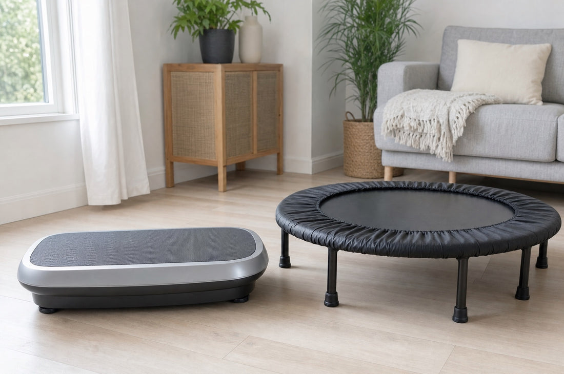 A home vibration plate and a mini-trampoline side by side on a timber floor in a bright living room