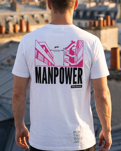 MANPOWER Spot Tee, white, print close-up