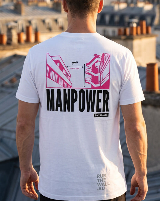 MANPOWER Spot Tee, white, print close-up